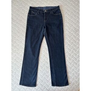 Wrangler Q-Baby Jeans Womens 9/10 x‎ 34 Dark Wash Bootcut No Gap Waistband